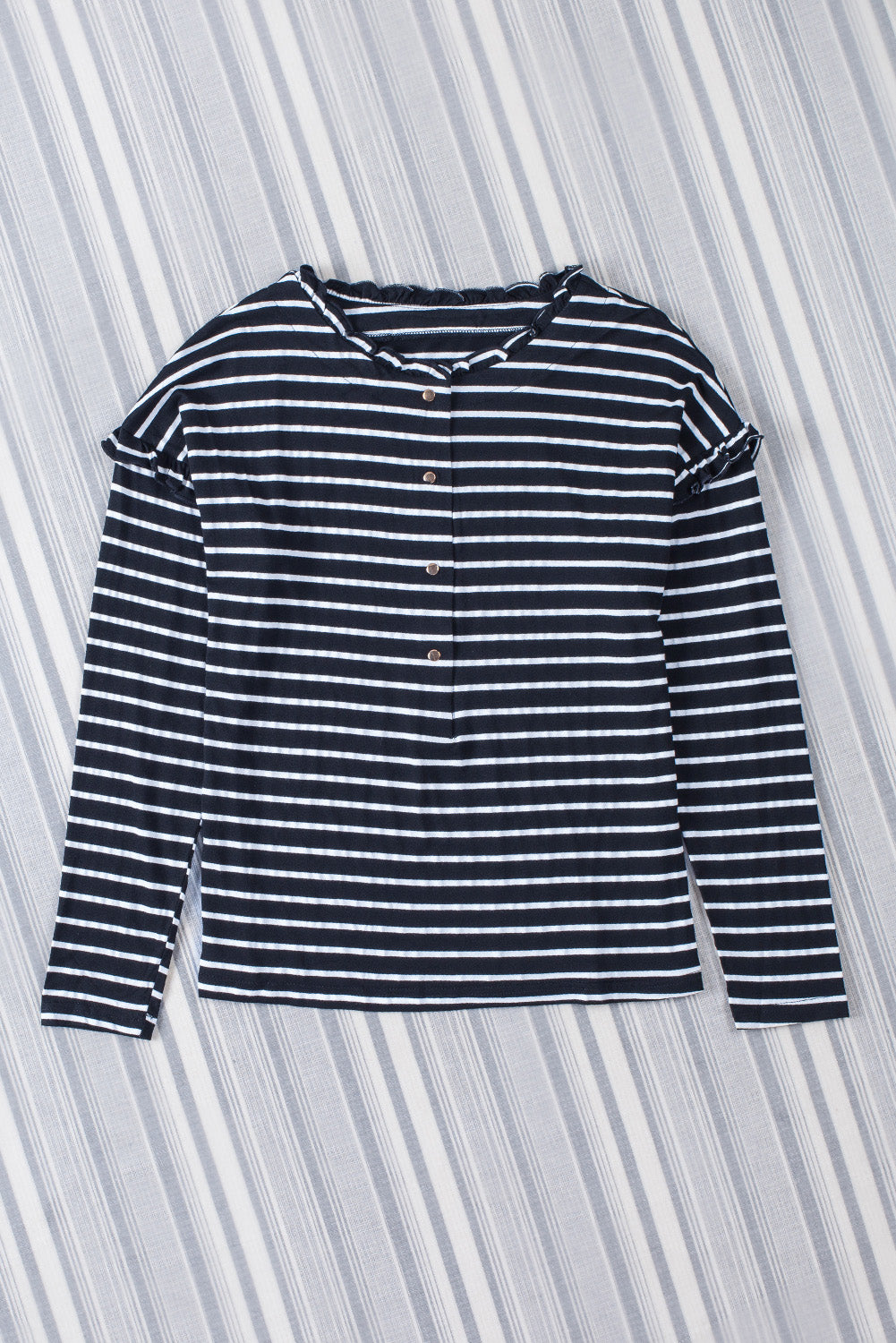 Black Striped Print Ruffled Buttoned Long Sleeve Top