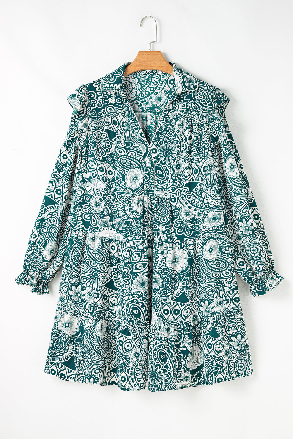 Robe florale verte à manches volantées et col fendu, grande taille