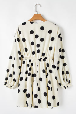 Short dress with beige polka dot with v * collar