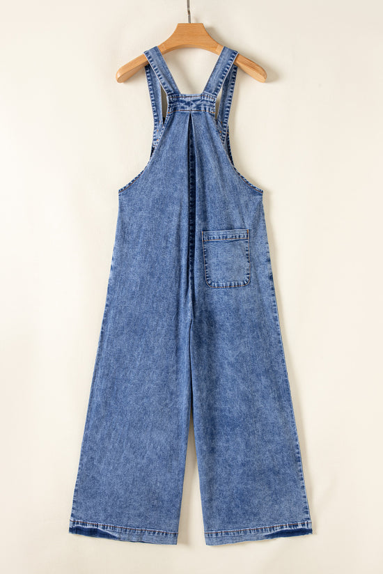 Light Blue Wide Leg Denim Overalls with Buttoned Straps