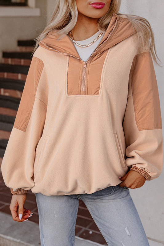 French Light Beige Patchwork Half-Zip Oversized Sherpa Hoodie