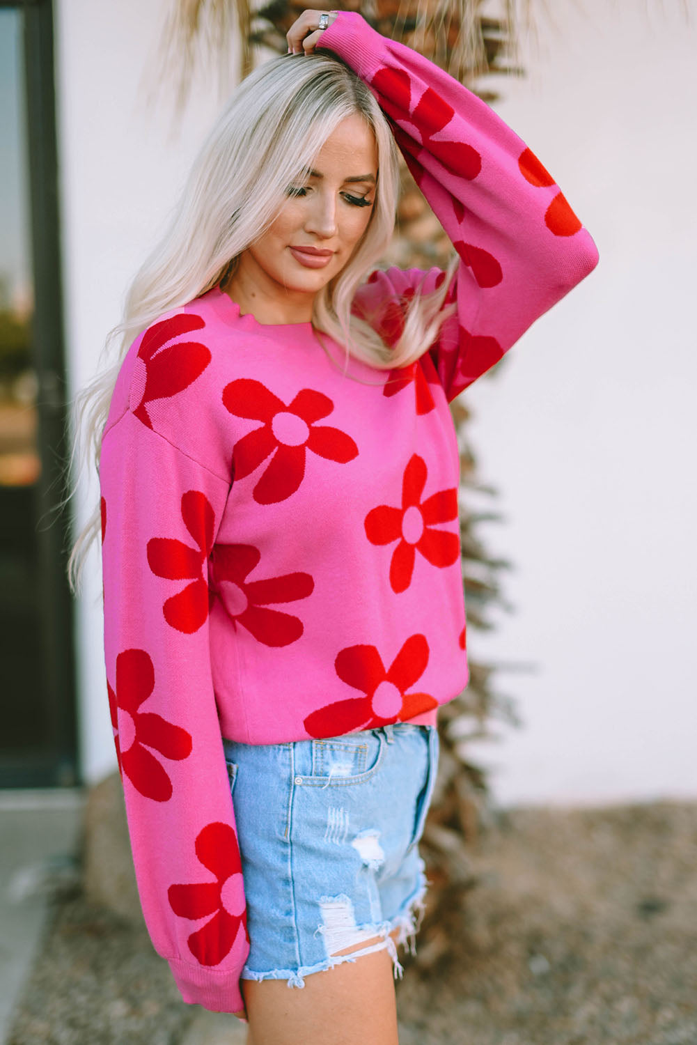 Pull à bordure côtelée en tricot Rose Big Flower