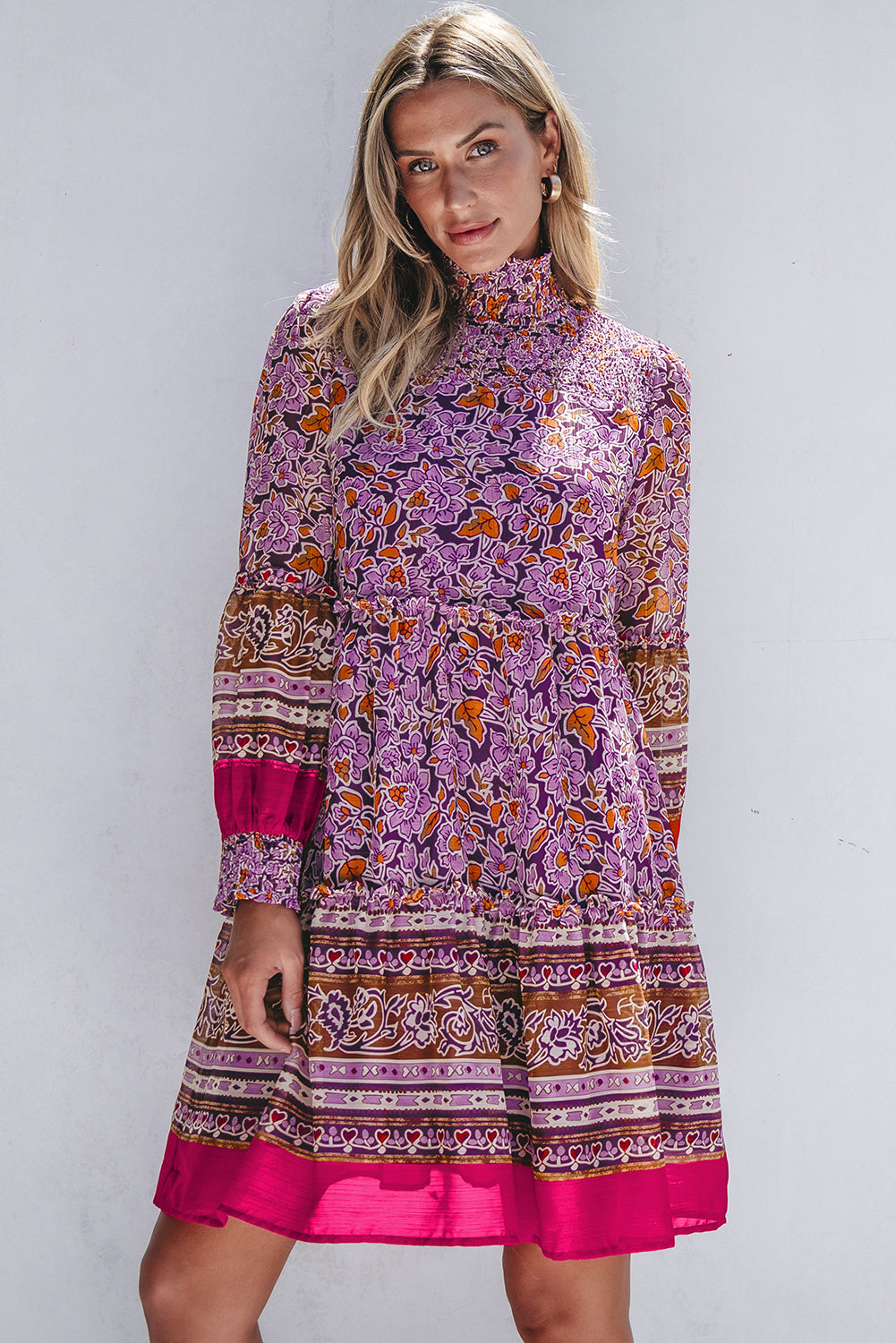 Purple Floral Smocked Puff Sleeve High Neck Mini Dress