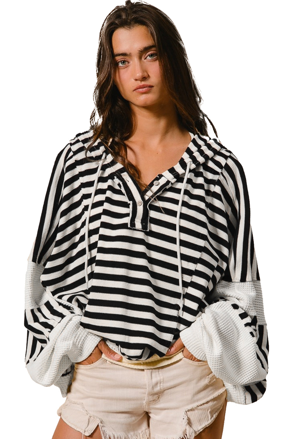 Black white Oversized Striped Henley Buttons Dolman Sleeve Hooded Top