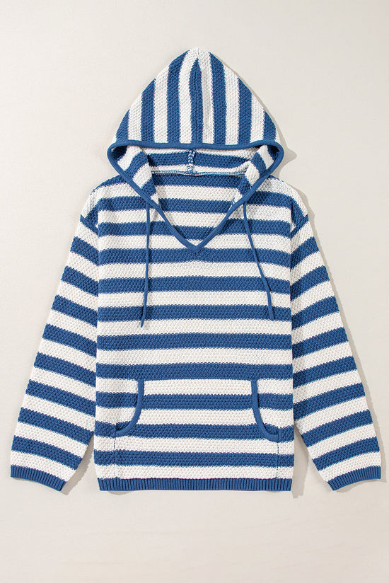 Pull à capuche avec cordon de serrage et poches à col en V et rayures bleues