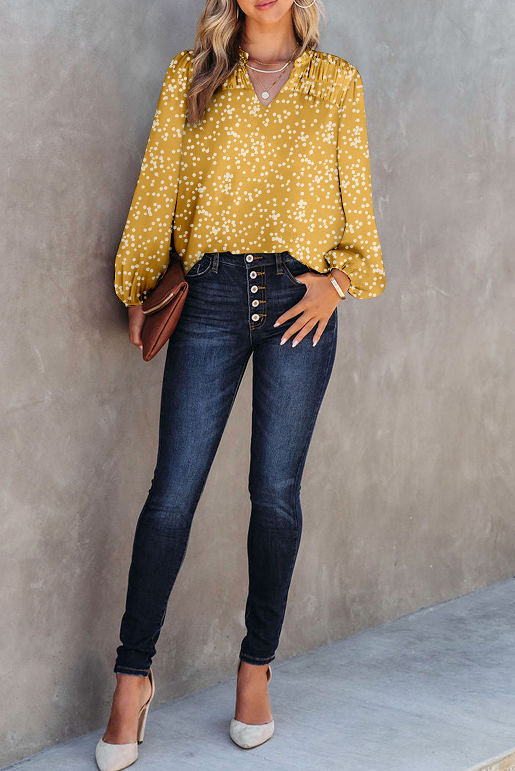 Blouse froissée imprimée jaune à col fendu et automne