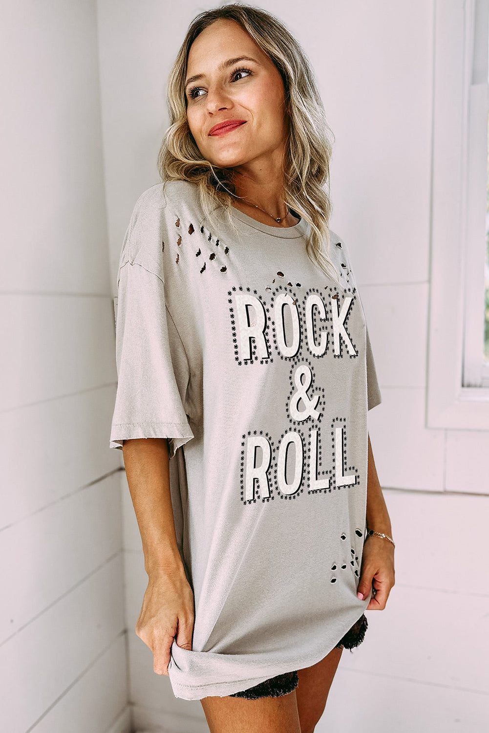 Grey Rock & Roll Graphic Anganited Vintage T -tee