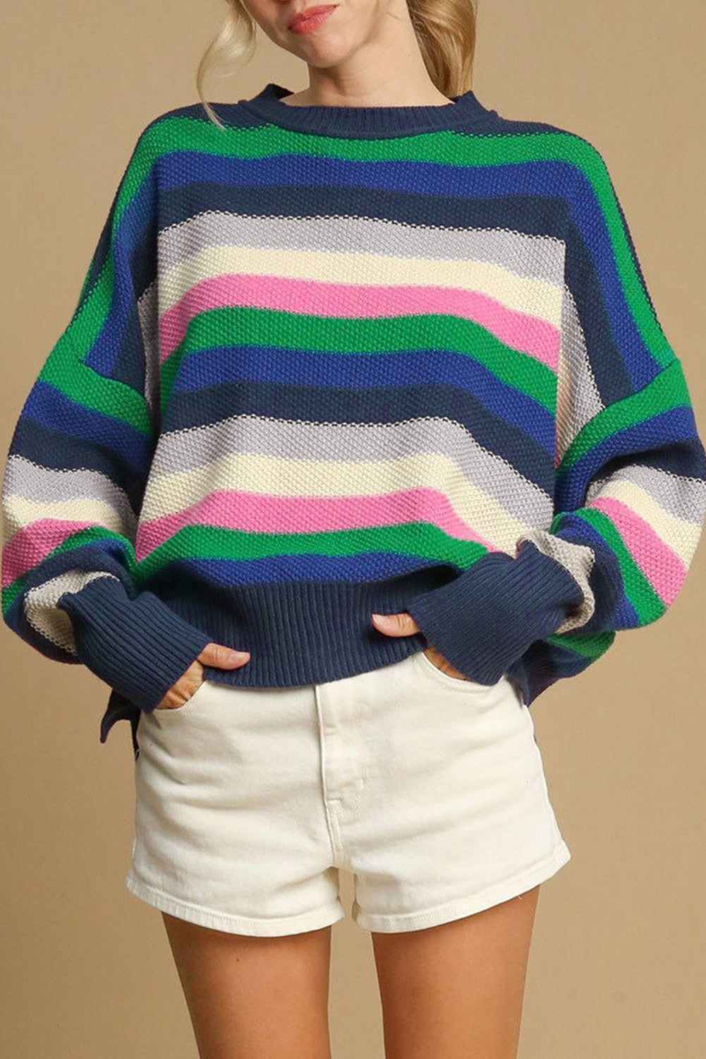 Bright green rainbow striped crew neck drop shoulder sweater