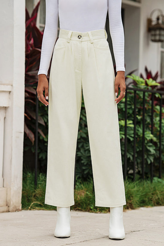 Pantalon droit taille haute en velours côtelé beige