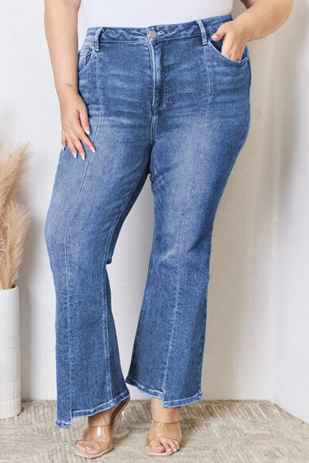 Plus Size Blue High Waisted Flare Jeans with Exposed Seams