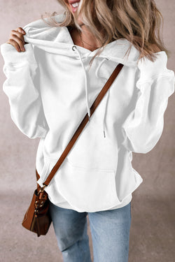 White thick hooded sweatshirt with kangaroo pocket and polar lined tightening cord