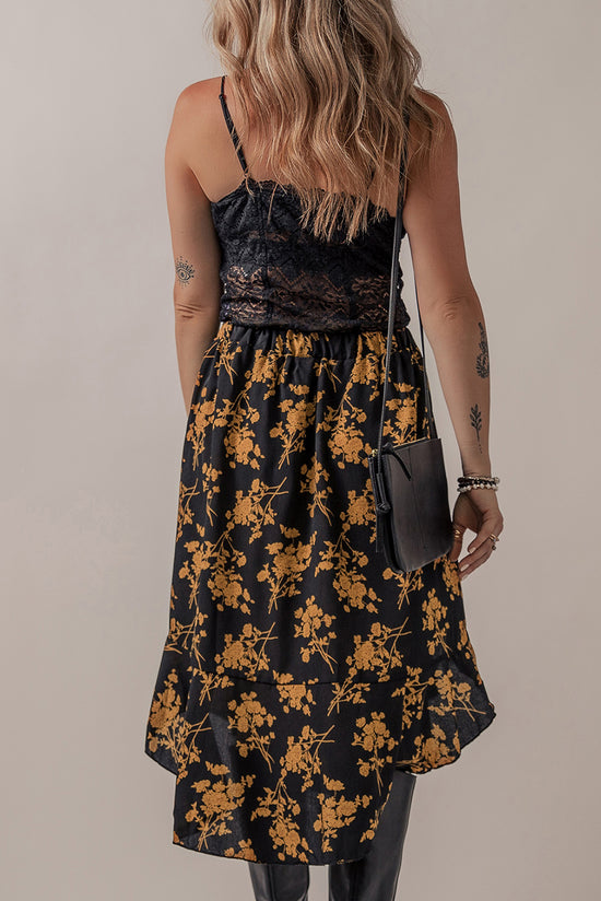 Elastic printed floral ruffle skirt and black buttons