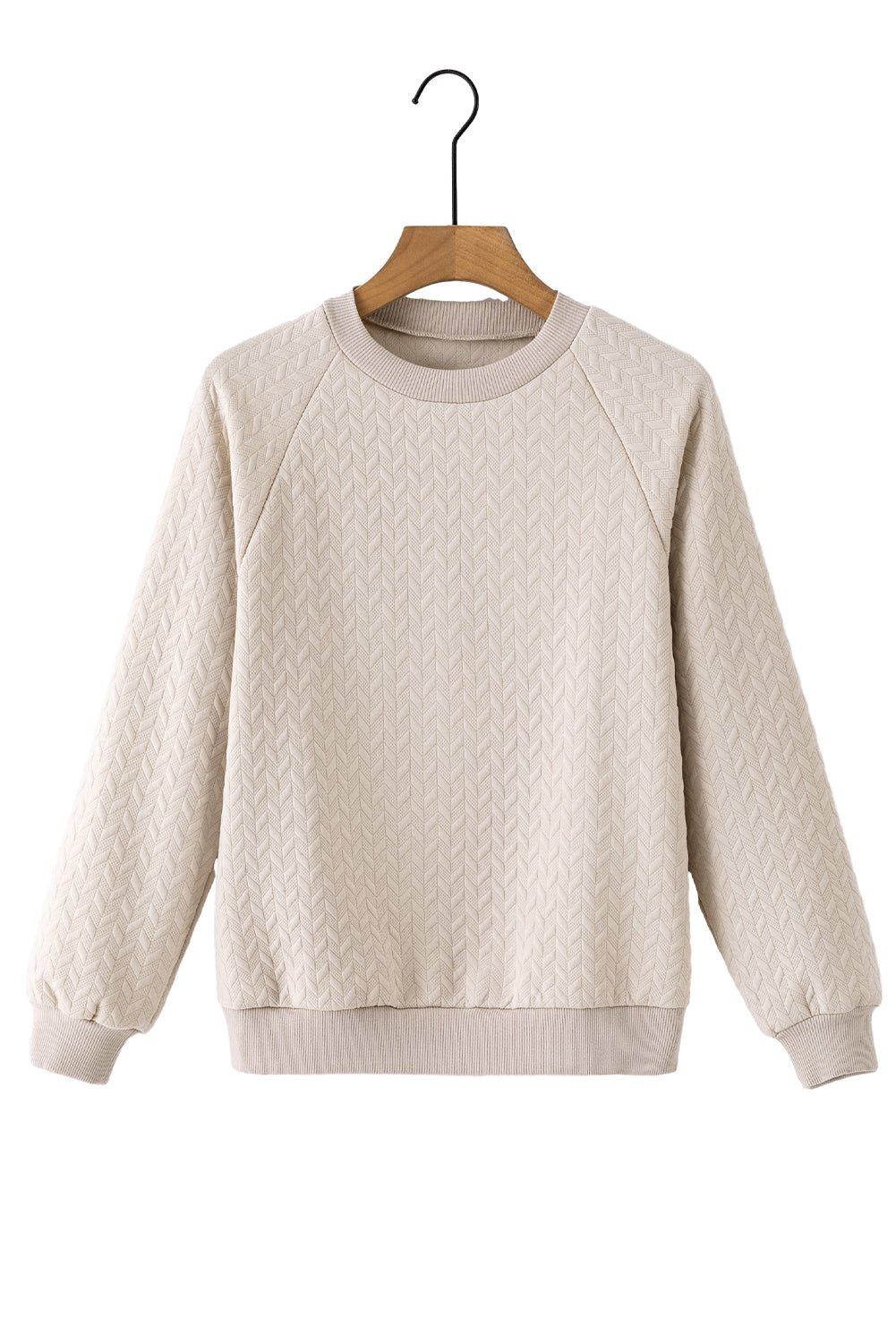 Beige solide strukturierte Raglan -Ärmelpullover Sweatshirt