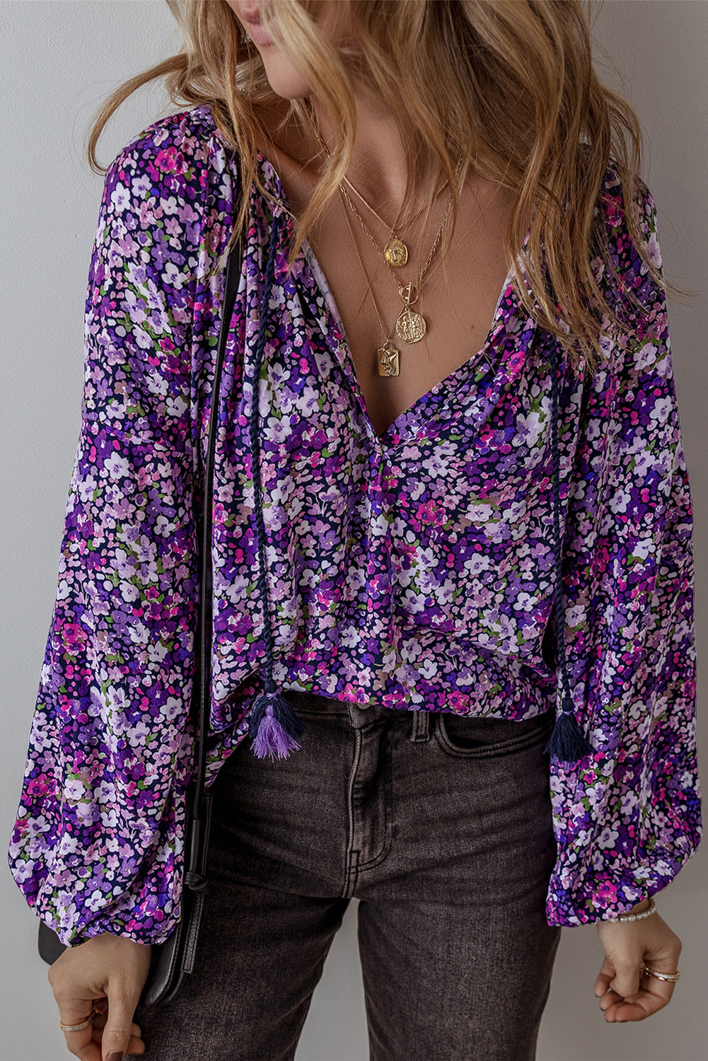 Purple Boho Flower Split V couche-manche à manches bulles