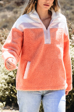 Orange Color Block Sherpa Half Zip Mock Neck Sweatshirt