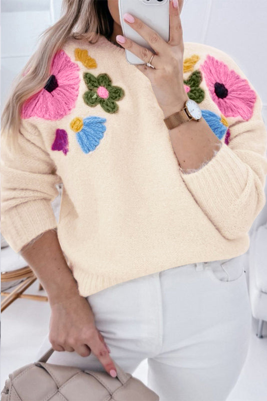 Plus Size Beige Crochet Floral Sweater