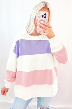 Beige crew neck sweatshirt with dropped shoulders in color block patchwork