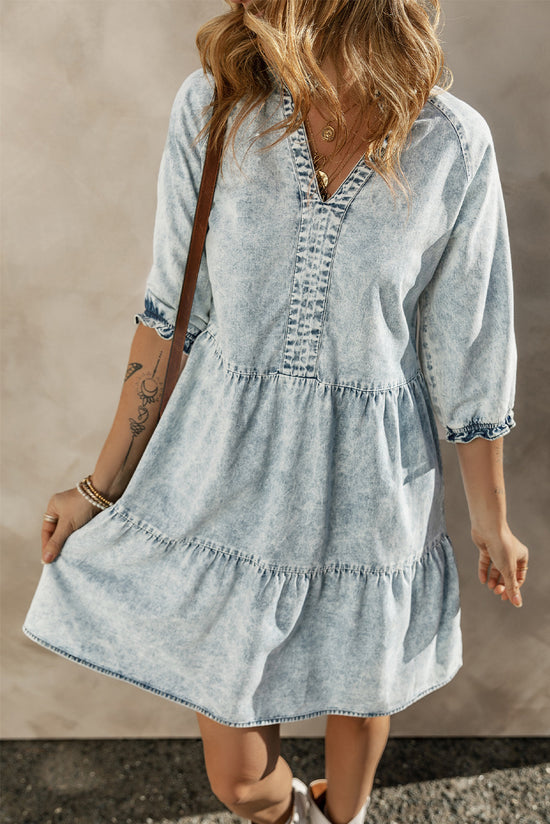 Retro Mid Sleeve Acid Wash Flare Denim Dress in Dusk Blue