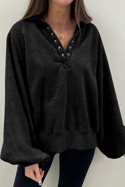 Black Oversized Sweatshirt with Balloon Sleeves and Solid Snap Collar