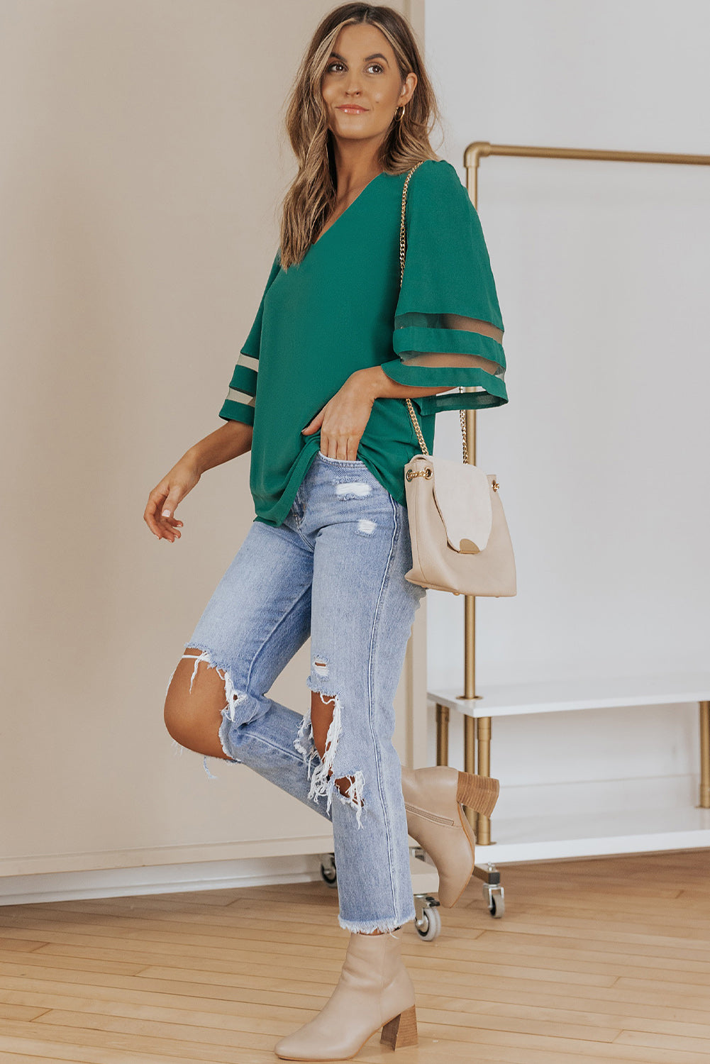 Green Flare Sleeve V Neck Loose Blouse