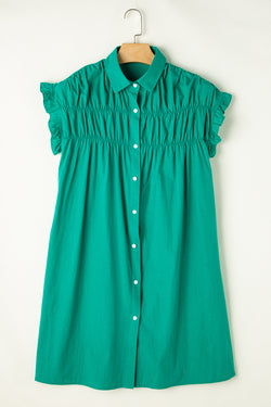 Bright green buttoned short dress with ruffled sleeves and ruched detail