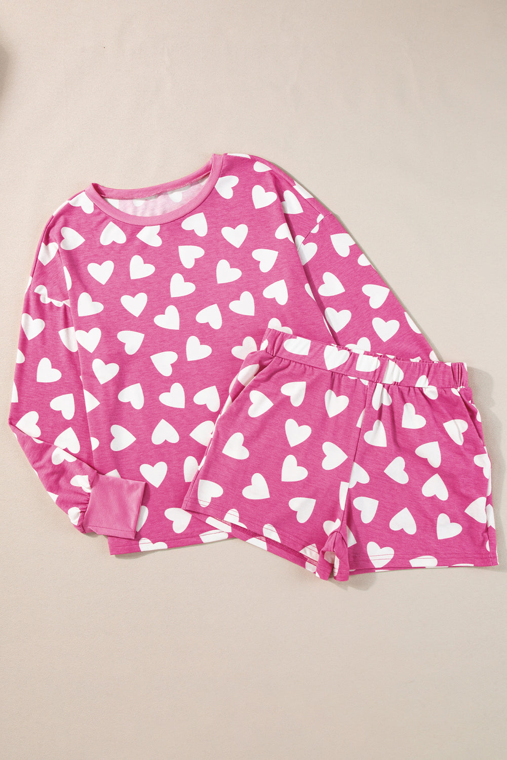 Pink Valentine Heart Shape Print Long Sleeve Top Shorts Lounge Set