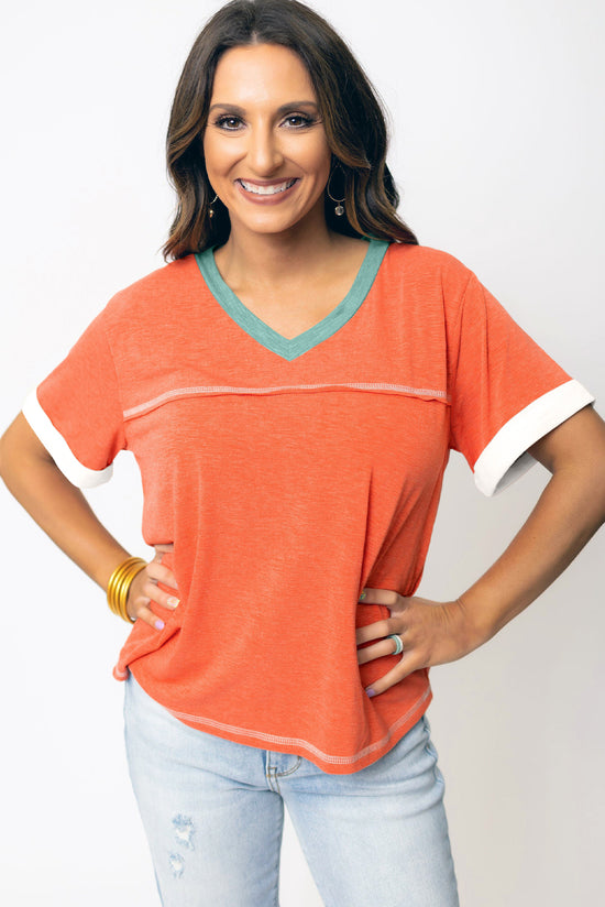 V-neck t-shirt with exposed seams *