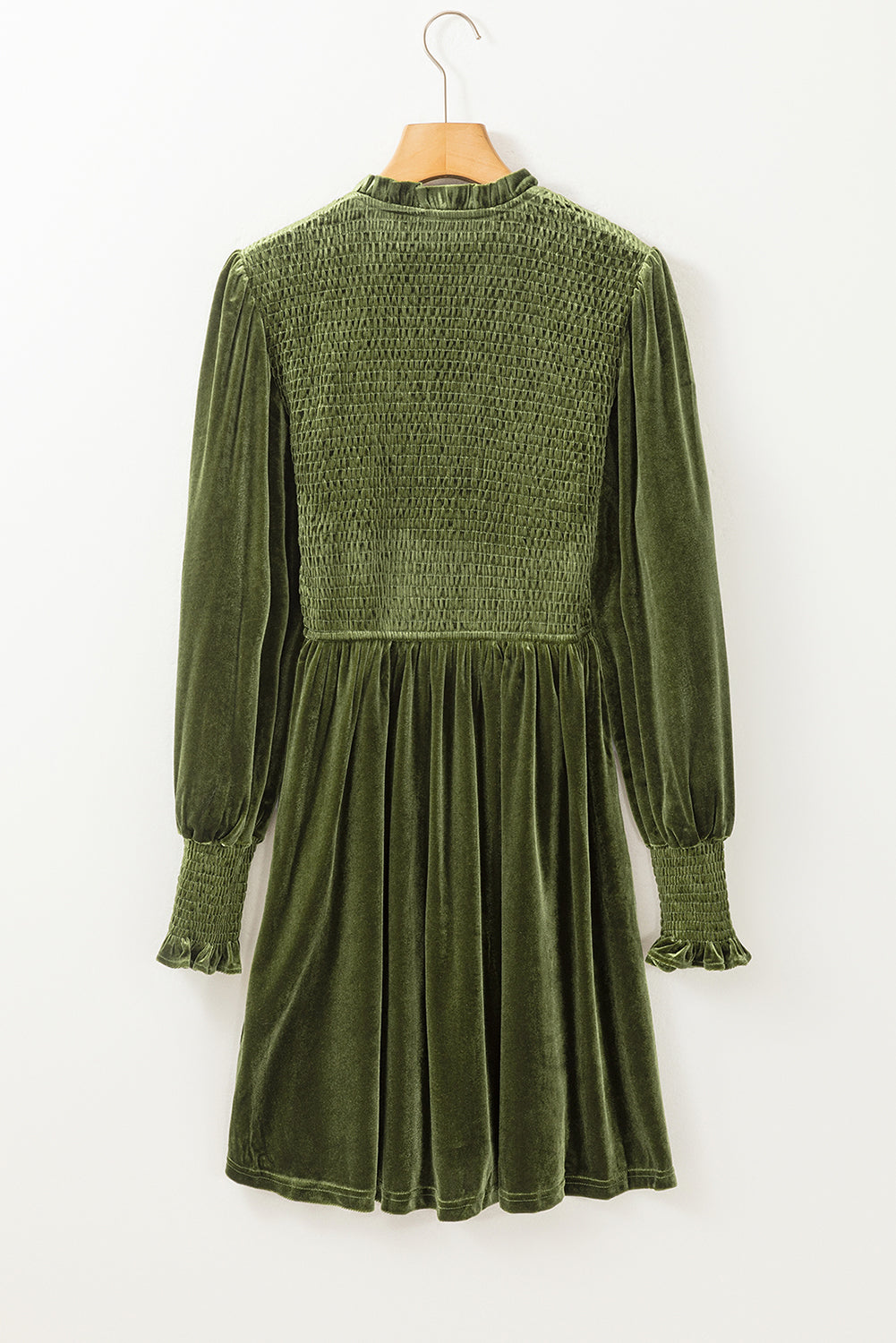 Moss Green Frilled Frilled Bodice Smiked Stod Velvet Dress