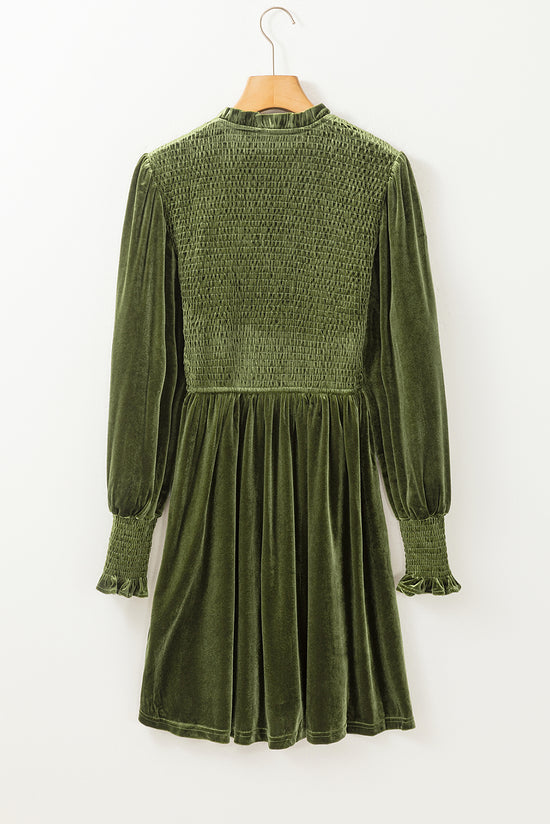 Moss Green Velvet Dress with Smocked Bodice and Ruffled Collar