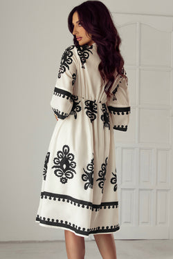 Beige loose midi dress with western geometric print and 3/4 sleeves