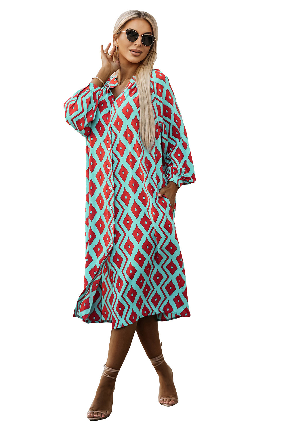 Sky Blue Western Geometric Print Split Buttoned Shirt Dress