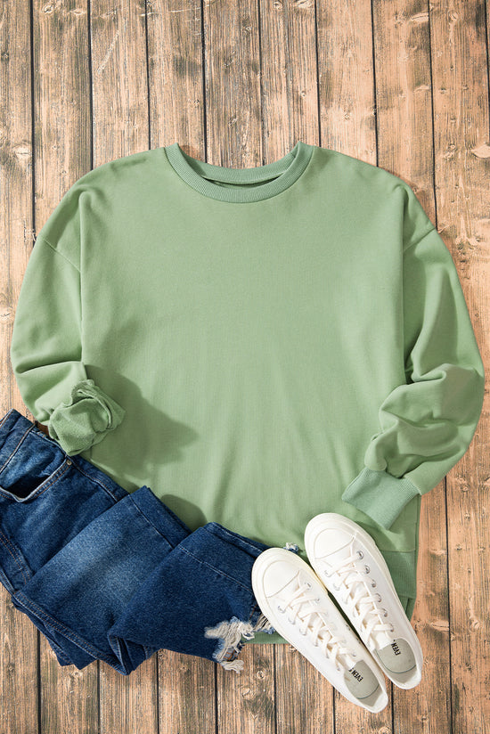 Solid Smoke Green Crew Neck Sweatshirt with High Low Hem