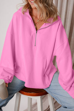 Bonbon Fleece Lined Loose Fit Half Zip Hoodie with Kangaroo Pockets