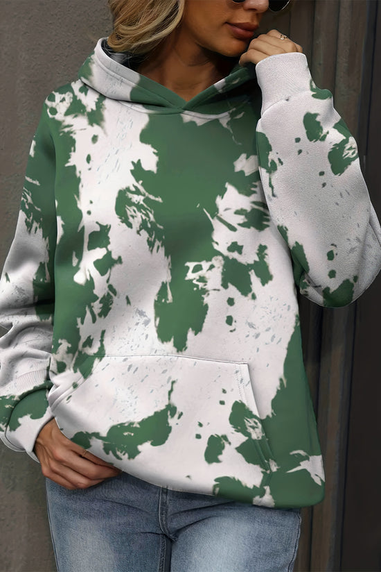 Green loose hoodie with kangaroo pocket and tie-dye print