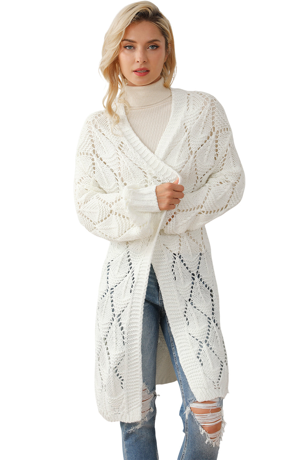 White Rhombus Hollowed Knit Open Front Cardigan