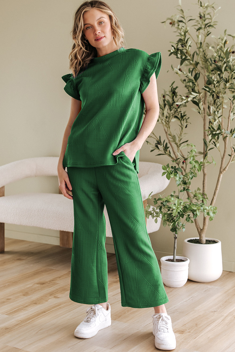 Dark Green Ruffle Sleeve Summer Top and Loose Short Pants Set