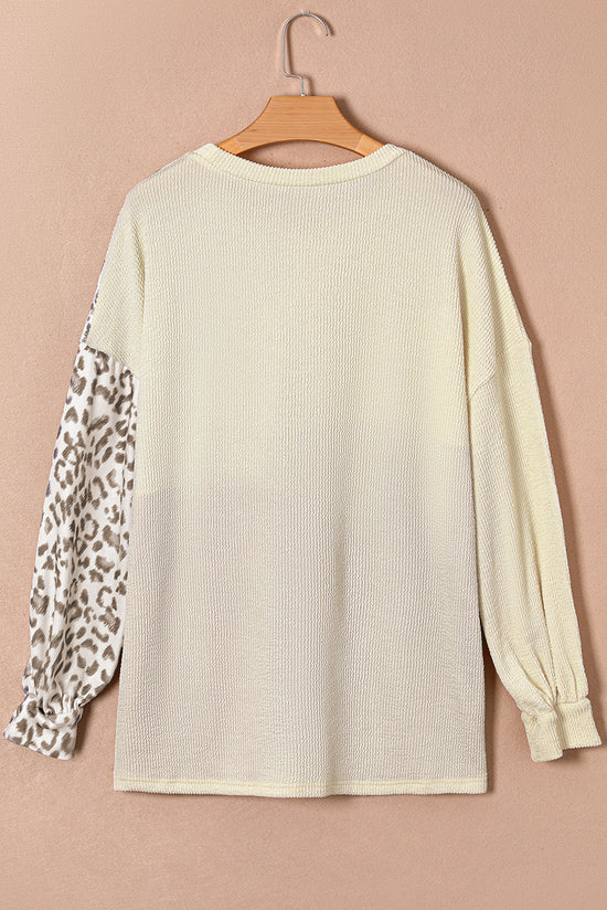 Plus Size Leopard Splicing Color Block Ribbed Khaki Top