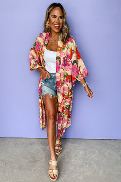 Pink floral print open front kimono with belt