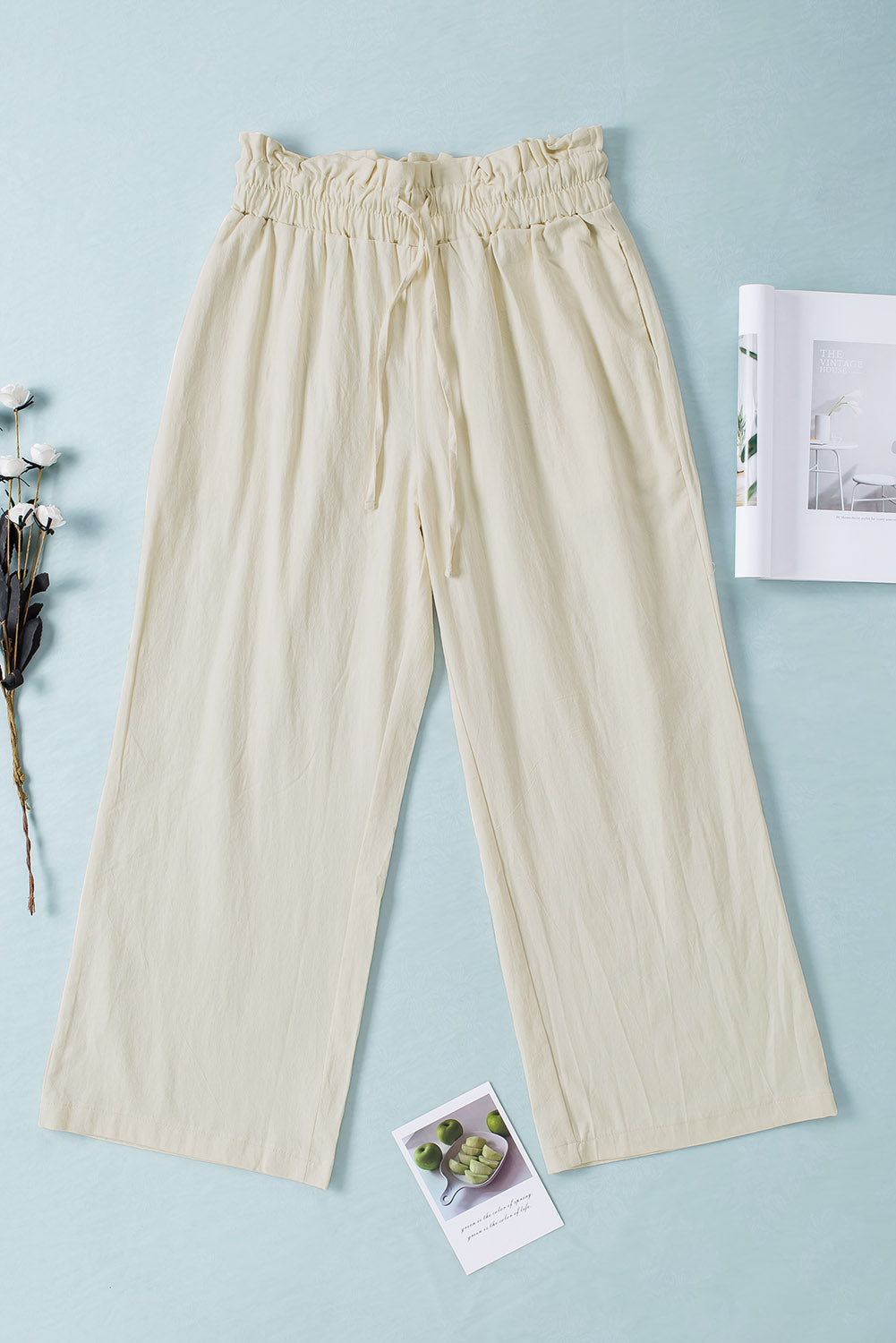 Khaki Paperbag Waist Straight Leg Cropped Pants