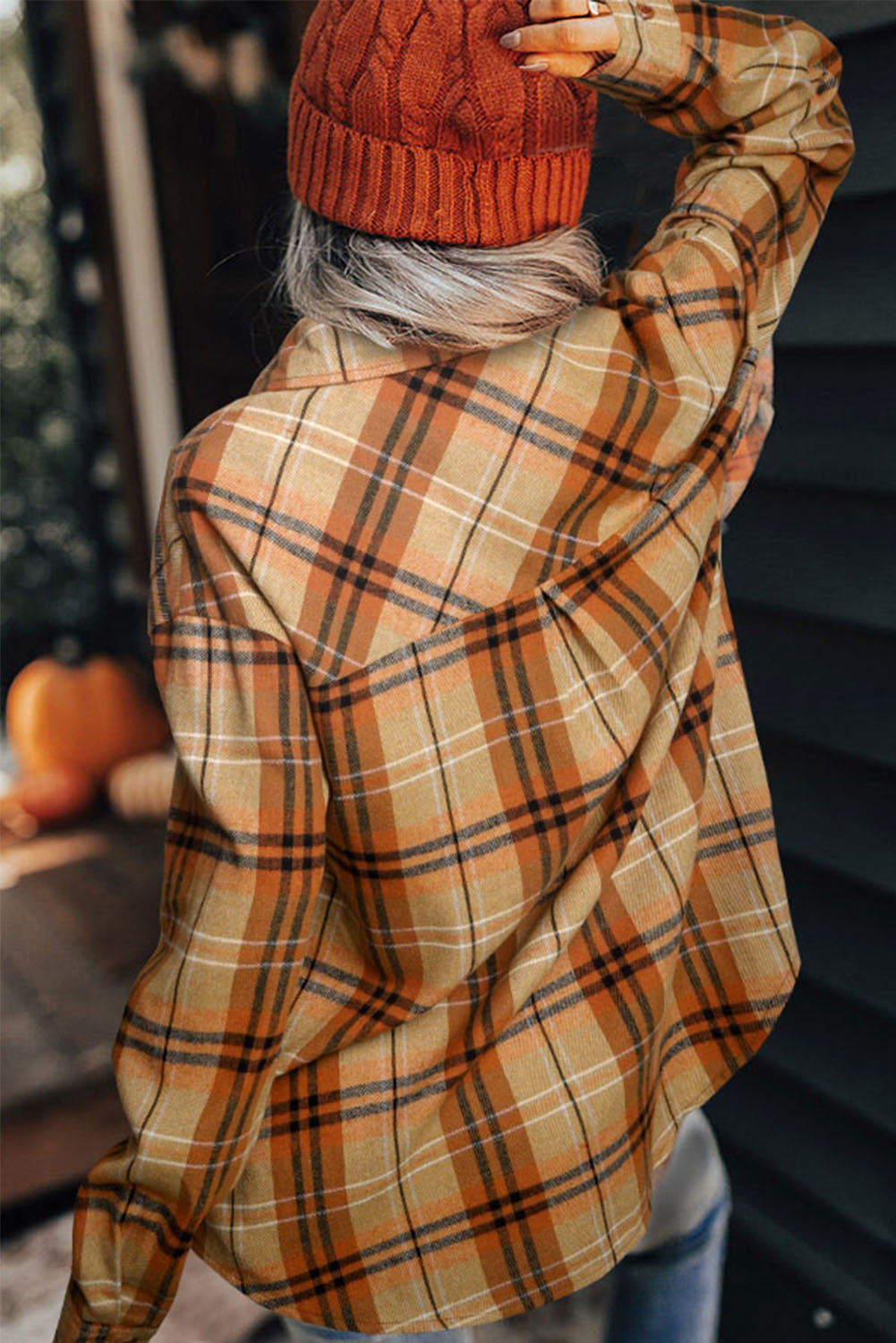 Chemise à manches longues boutonnées à poche à carreaux orange