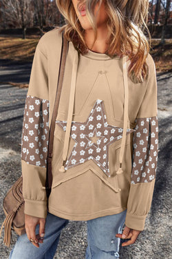 Apricot Floral Patchwork Star Print Drawstring Hoodie