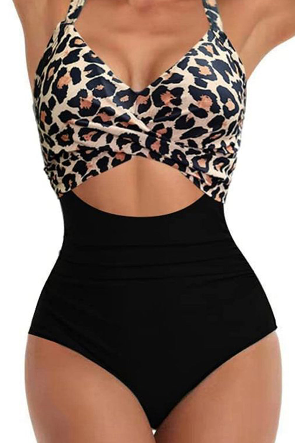 Monokini noir léopard 2 tons à découpes croisées et dos nu