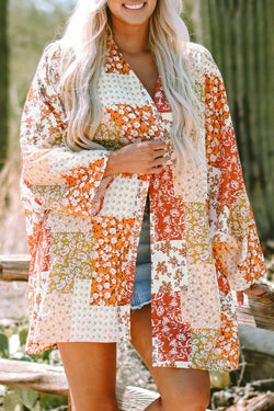 Boho style patchwork floral open white kimono