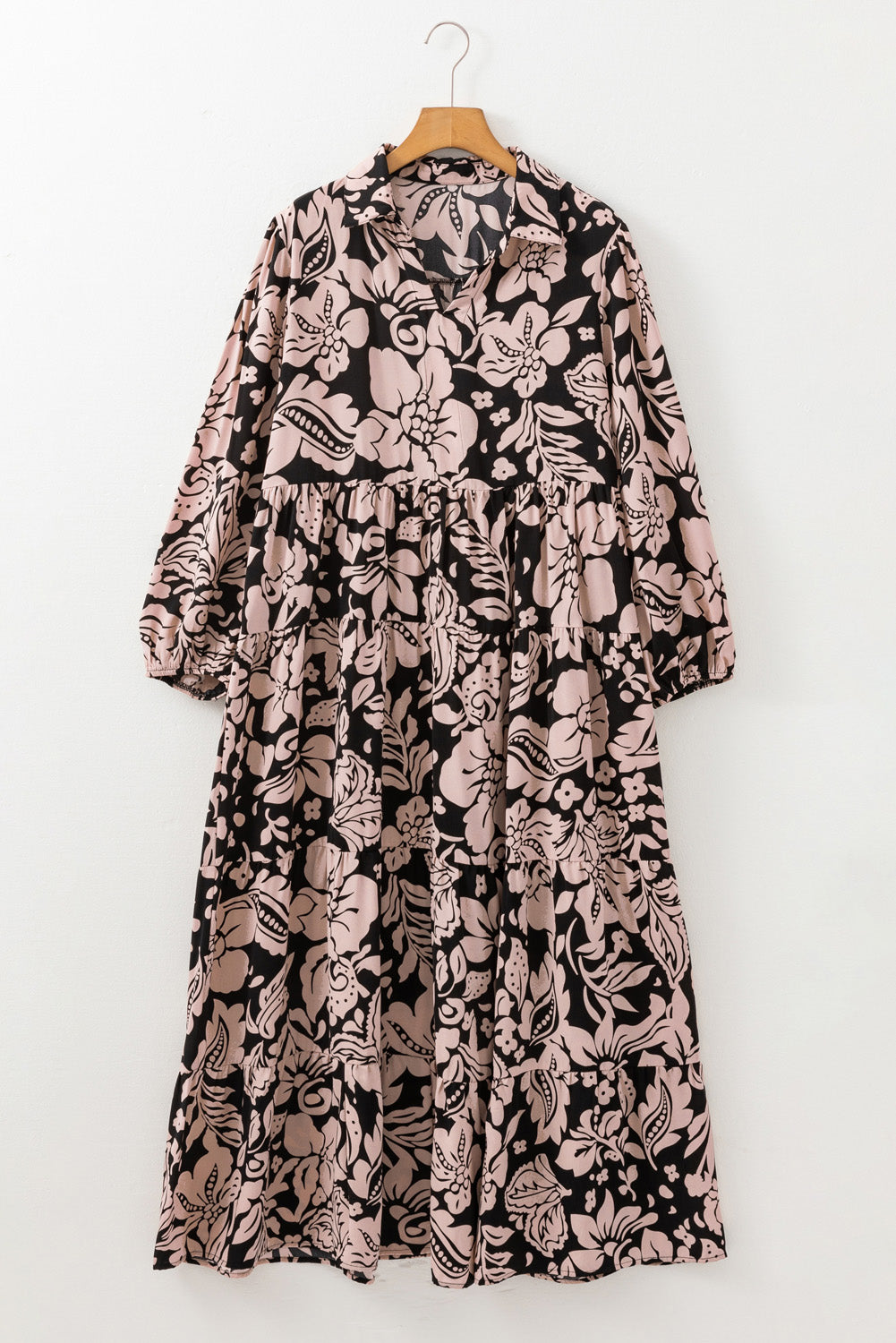 Robe longue noire à col imprimé floral et manches bouffantes de grande taille