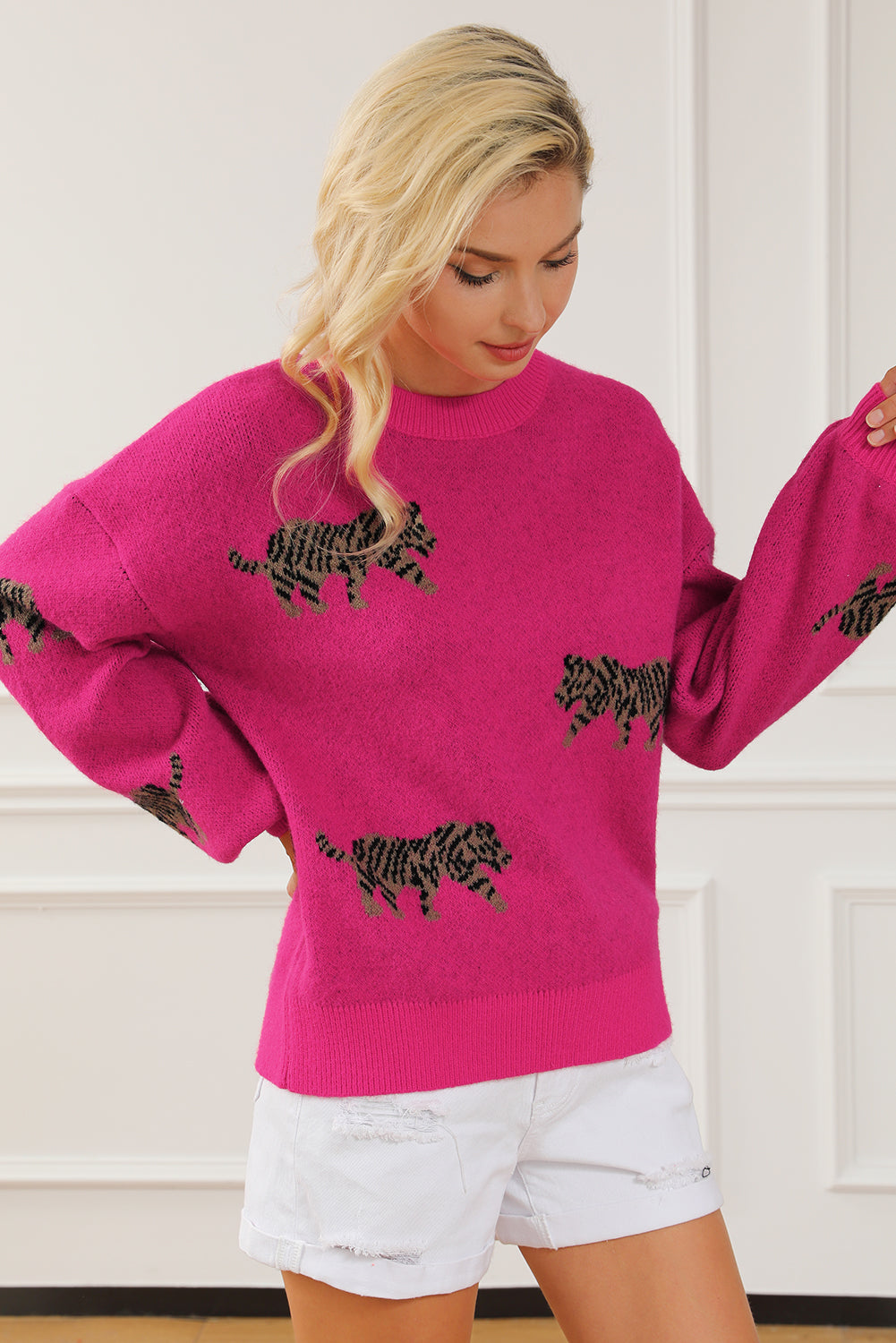 Rose Red Fierce Animal Muster Casual Strickpullover