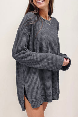 Haut oversize gris en tricot gaufré à fentes hautes *