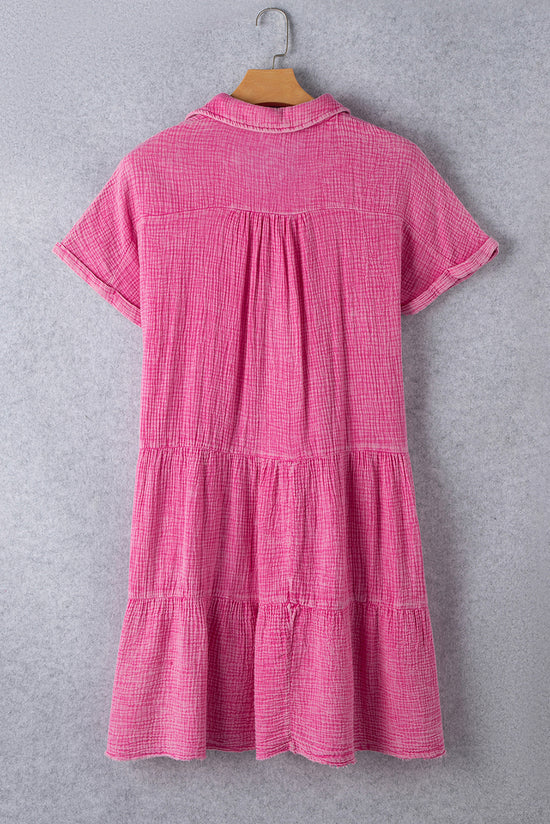 Strawberry Pink Crinkled Ruffle Dress, Mineral Wash, Split Neck, Raw Hem