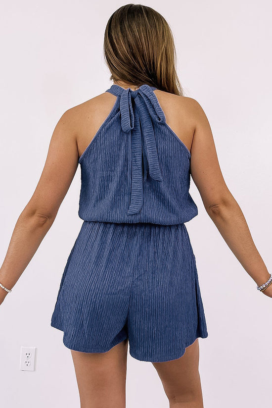 Crinkled Textured Romper with High Neck and Blue Bow at Back