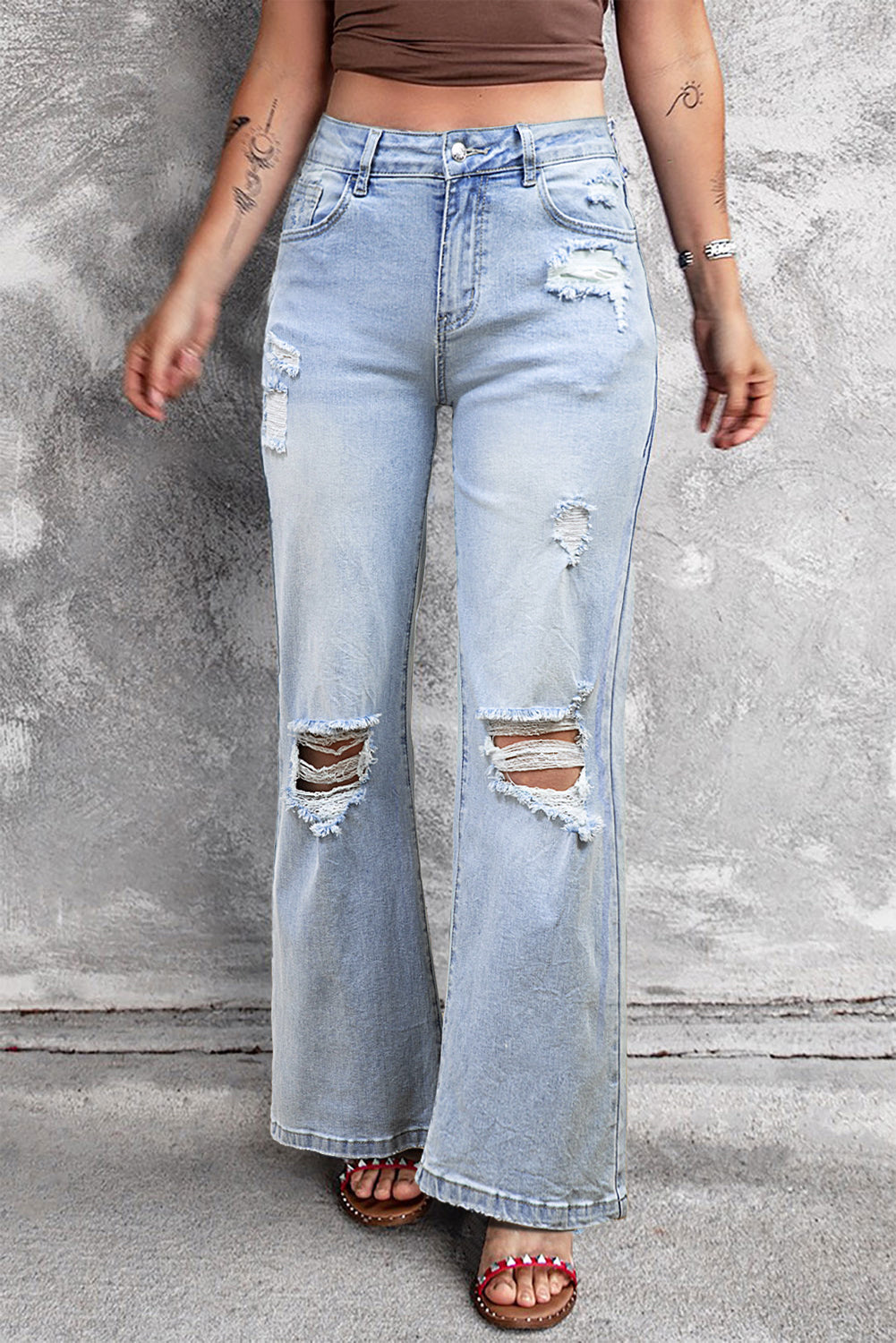 Jean évasé effet vieilli bleu clair vintage Beau Blue