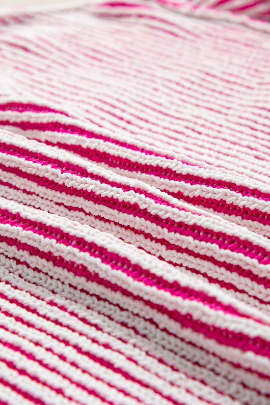 Pull ample à bords contrastés en tricot texturé à rayures rose vif